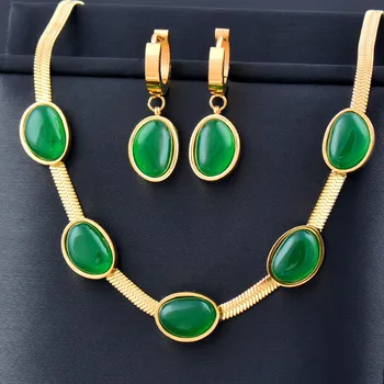 Изумрудно-зеленый камень из нержавеющей стали, серьги, браслет, ожерелье, Женский бесцветный ювелирный набор - Изображение 1  