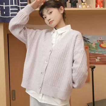 Кардиган, женские однотонные пальто с V-образным вырезом для отдыха, Свободные Простые вязаные топы в корейском стиле, Японские осенние Новые свитера - Изображение 2  