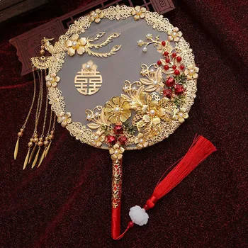 Китайские винтажные круглые веера, веер из сплава в форме Феникса, золотой веер с кисточкой в виде цветка, прочный веер для группы невест - Изображение 1  