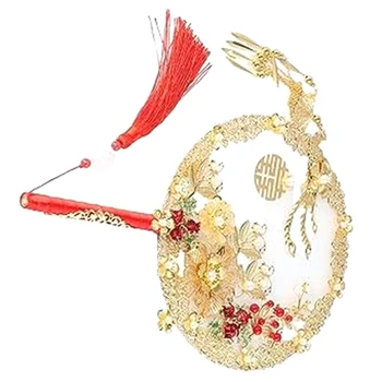 Китайские винтажные круглые веера, веер из сплава в форме Феникса, золотой веер с кисточкой в виде цветка, прочный веер для группы невест - Изображение 2  