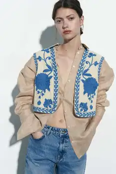 Классическое винтажное пальто с открытой талией и цветочной вышивкой, женский жилет в национальном стиле, жакет, повседневная одежда для отдыха, укороченный топ для женщин - Изображение 2  