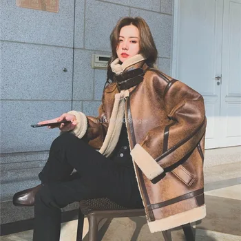Корейская женская одежда большого размера, утепленные куртки, пальто из меха ягненка, женская винтажная зимняя одежда, свободная уличная верхняя одежда - Изображение 1  