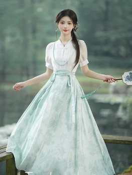 Летнее новое женское платье в китайском стиле с литературным темпераментом в стиле ретро, комплект длинного платья из двух частей - Изображение 1  