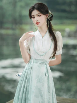 Летнее новое женское платье в китайском стиле с литературным темпераментом в стиле ретро, комплект длинного платья из двух частей - Изображение 2  