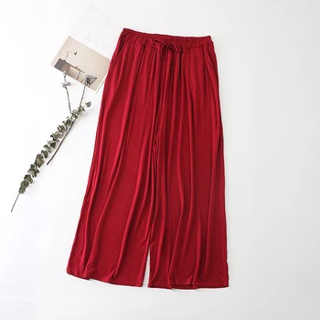 Летние брюки для девочек, модальные Свободные красные широкие брюки, повседневные укороченные брюки на шнуровке с эластичной резинкой на талии, женские брюки-стрейч больших размеров - Изображение 1  