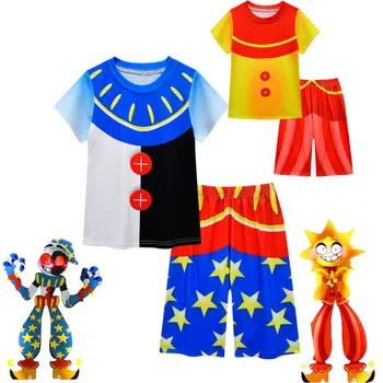 Летняя спортивная одежда FNAF для маленьких мальчиков и девочек, детская повседневная футболка с клоуном-солнцем и короткими рукавами + шорты, комплекты детской одежды - Изображение 1  