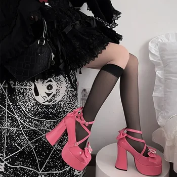 Милые женские туфли-лодочки на высоком каблуке в японском стиле для горячей девушки, Элегантные туфли-лодочки принцессы на шнуровке с бантом из лакированной кожи, туфли Lo - Изображение 2  