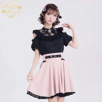 Милые японские девушки, кружевная рубашка с короткими рукавами и открытыми плечами, весенне-летняя женская розовая блузка с бантом, модные топы - Изображение 2  