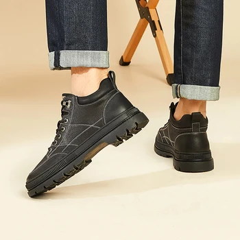 Мужская обувь Kangnai из коровьей замши, ботильоны на шнуровке с круглым носком, высокие ботинки на плоской платформе, уличные осенние мужские рабочие ботинки - Изображение 2  