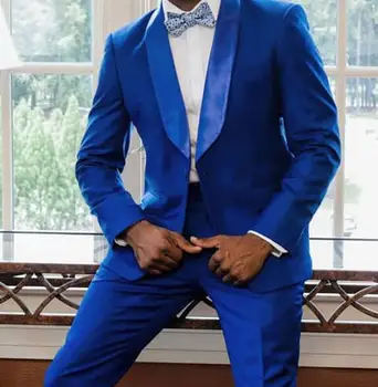 Мужские костюмы королевского синего цвета из 2 частей (куртка + брюки) Повседневные вечерние костюмы для выпускного вечера на пуговицах, свадебные смокинги для женихов - Изображение 2  