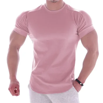 Мужские летние футболки B1876, высокоэластичная приталенная футболка, мужские быстросохнущие мужские футболки с изогнутым подолом, однотонные 3XL - Изображение 2  