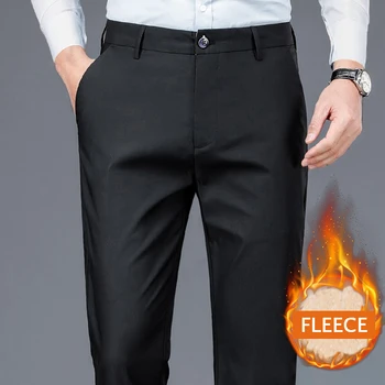 Мужские флисовые стрейчевые брюки, нарядные повседневные брюки для костюма, осенне-зимние плотные Теплые брюки, мужские Свободные прямые брюки большого размера - Изображение 1  