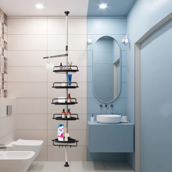 Нержавеющие душевые полки, 5-ярусные принадлежности для шампуня, душевая стойка для ванной комнаты, умывальня с натяжным шестом - Изображение 1  