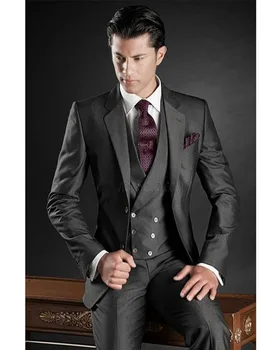 Новая мода Темно-Серый Джентльмен Формальный Бизнес Жених Свадебные Мужские Костюмы Однотонный Блейзер Костюм Для Мужчин 3 Предмета в комплекте (Куртка + Брюки + Жилет) - Изображение 1  