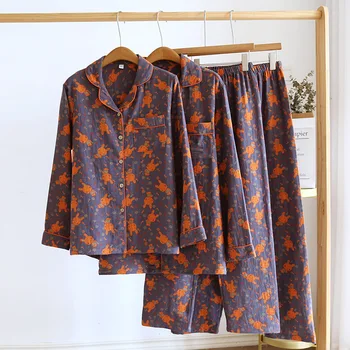 Новые модные пижамы из двойного марлевого морщинистого хлопка с принтом, женские и мужские парные пижамные комплекты, пижамы с длинными рукавами, большие размеры - Изображение 1  