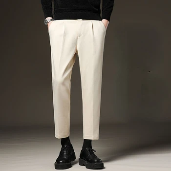 Осенне-зимние эластичные модные брюки, мужские деловые Свободные Прямые высококачественные однотонные деловые повседневные брюки для официальных костюмов E56 - Изображение 1  
