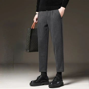Осенне-зимние эластичные модные брюки, мужские деловые Свободные Прямые высококачественные однотонные деловые повседневные брюки для официальных костюмов E56 - Изображение 2  