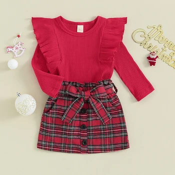 Осенне-зимняя одежда для маленьких девочек, вязаный свитер с длинными рукавами, топы, юбка в клетку, рождественская одежда - Изображение 1  