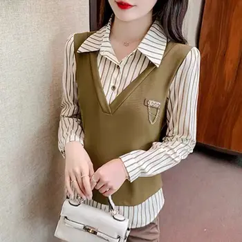 Осенний кукольный воротник в Корейском стиле, офисный женский элегантный пуловер из двух частей, женский топ с длинным рукавом, тонкая блузка Wild, рубашка D379 - Изображение 2  