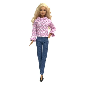 Официальный новейший модный наряд NK Розовый свитер костюм Рубашка Джинсы Брюки Праздничная одежда для куклы Барби Аксессуары - Изображение 2  