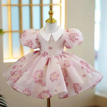 Платье для маленьких девочек 1-й день рождения, свадьба для девочки, принцессы, детская пачка с пузырчатым рукавом и цветочным рисунком для девочек - Изображение 1  