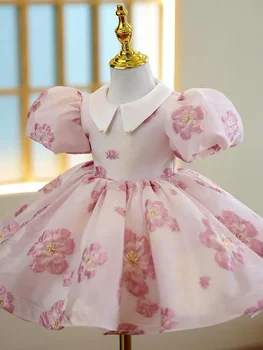 Платье для маленьких девочек 1-й день рождения, свадьба для девочки, принцессы, детская пачка с пузырчатым рукавом и цветочным рисунком для девочек - Изображение 2  