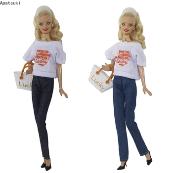 Повседневная одежда Для куклы Барби Комплект одежды Белая футболка с алфавитом, джинсовые туфли, сумочка, наряды для кукол, аксессуары для 1/6 кукол. - Изображение 1  