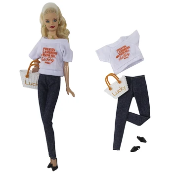 Повседневная одежда Для куклы Барби Комплект одежды Белая футболка с алфавитом, джинсовые туфли, сумочка, наряды для кукол, аксессуары для 1/6 кукол. - Изображение 2  