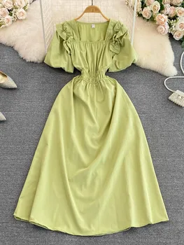 Повседневное Женское вечернее платье с пышными рукавами, Летнее Новое платье с тонкой талией, женское платье трапециевидной формы, винтажный женский халат с квадратным вырезом - Изображение 1  