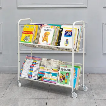 Полки для хранения детских книжек с картинками, книжный шкаф для выставки товаров в детском саду, 2-слойная железная полка-органайзер, стеллаж для книг с подвижным шкивом - Изображение 1  