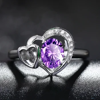 Популярное Хрустальное Фиолетовое кольцо с двойным сердцем Для леди, Свадебные Аксессуары, Модное Серебряное кольцо Стерлингового серебра 925 пробы, женские украшения - Изображение 1  