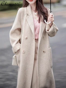 Ретро мода, однотонный костюм с длинным рукавом, воротник, женское пальто, осень-зима, изысканная строчка, двубортное шерстяное пальто - Изображение 1  