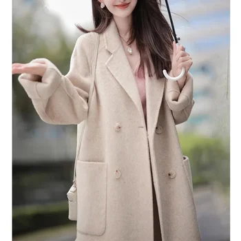 Ретро мода, однотонный костюм с длинным рукавом, воротник, женское пальто, осень-зима, изысканная строчка, двубортное шерстяное пальто - Изображение 2  