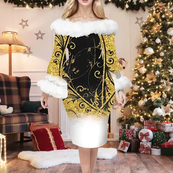 Рождественское вечернее платье с открытыми плечами, женское повседневное платье с воротником и длинным рукавом, модный Рождественский костюм для косплея 2023, Vestidos Robe - Изображение 1  