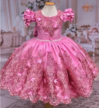Розовое бальное платье с бусинами для девочек в цветочек Детские праздничные платья на День рождения с бантом Детские платья для гостей на свадьбу для малышей - Изображение 1  