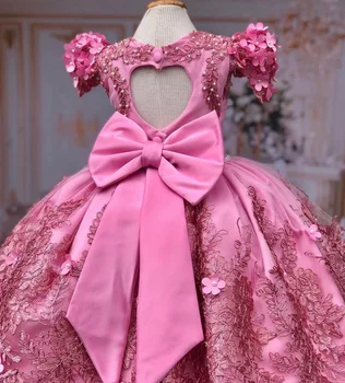 Розовое бальное платье с бусинами для девочек в цветочек Детские праздничные платья на День рождения с бантом Детские платья для гостей на свадьбу для малышей - Изображение 2  