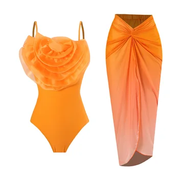 Розовый цельный купальник с платьем для женщин 2024, Новые купальники, женское пляжное платье с 3D цветами, купальный костюм, Элегантная летняя накидка - Изображение 1  