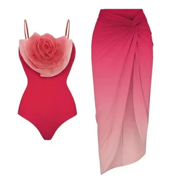 Розовый цельный купальник с платьем для женщин 2024, Новые купальники, женское пляжное платье с 3D цветами, купальный костюм, Элегантная летняя накидка - Изображение 2  