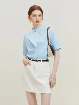 Рубашка с рукавом реглан на ощупь из 3D бумаги FSLE's, женские летние топы 2023, синие женские свободные повседневные женские рубашки, офисные леди - Изображение 2  