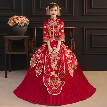 Свадебный тост невесты Китайское свадебное платье с вышивкой Феникса, Богатый, Благоприятный, Элегантный Женский, мужской Костюм эпохи Тан - Изображение 1  