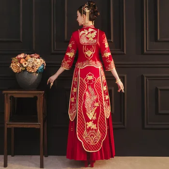 Свадебный тост невесты Китайское свадебное платье с вышивкой Феникса, Богатый, Благоприятный, Элегантный Женский, мужской Костюм эпохи Тан - Изображение 2  