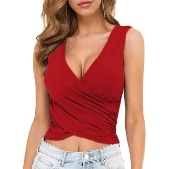 Сексуальная летняя Женская футболка в полоску с V-образным вырезом, Без Рукавов, Плиссированная майка, Топы Y2k, Модные Красные Облегающие Блузки Femininas 2023 - Изображение 1  