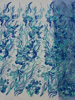 Синяя Африканская кружевная ткань из тяжелого бисера 2023 года, высококачественные Нигерийские блестки, бусины, Французский Тюль, кружевной материал для свадебной вечеринки - Изображение 1  