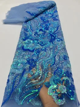 Синяя Африканская кружевная ткань из тяжелого бисера 2023 года, высококачественные Нигерийские блестки, бусины, Французский Тюль, кружевной материал для свадебной вечеринки - Изображение 2  