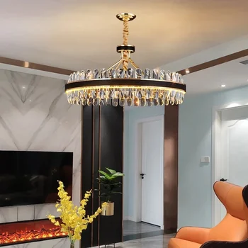Современные черные и Золотые люстры, освещающие Круглую Светодиодную люстру Crystal для гостиной, подвесной светильник Lustre - Изображение 2  