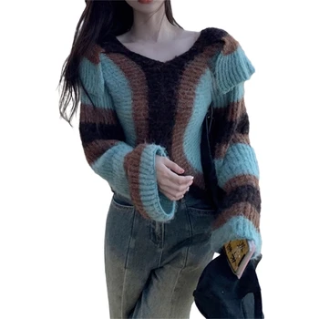 Стильный свитер с V-образным вырезом и длинным рукавом, женские осенне-зимние вязаные топы, Повседневные цветные джемперы в стиле пэчворк для девочек, уличная повседневная одежда - Изображение 1  