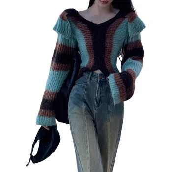 Стильный свитер с V-образным вырезом и длинным рукавом, женские осенне-зимние вязаные топы, Повседневные цветные джемперы в стиле пэчворк для девочек, уличная повседневная одежда - Изображение 2  