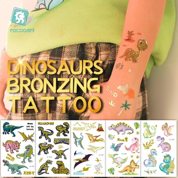Татуировки с блестящей пудрой Rocooart, детские временные наклейки на тело с мультяшными динозаврами, Одноразовые Поддельные Татуировки Для детей, Бронзирующие Тату - Изображение 1  