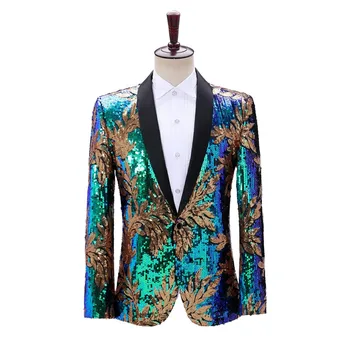 Уникальный дизайн, мужской блейзер с блестками, пиджак с фиолетовыми сине-зелеными листьями, мужской наряд с блестками для мероприятий - Изображение 1  