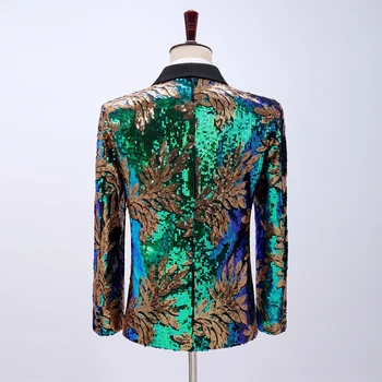 Уникальный дизайн, мужской блейзер с блестками, пиджак с фиолетовыми сине-зелеными листьями, мужской наряд с блестками для мероприятий - Изображение 2  